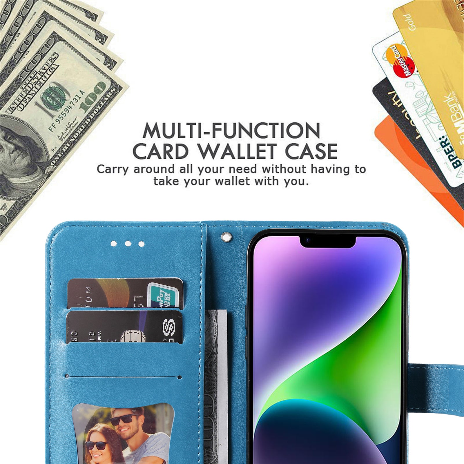 Uniqkart for iPhone 15 Imprinted Flower Pattern Wallet Phone Shell PU Leather Cover Phone Stand Case - Blue Uniqkart for iPhone 15 Imprinted Flower Pattern Wallet Phone Shell PU Leather Cover Phone Stand Case - Blue